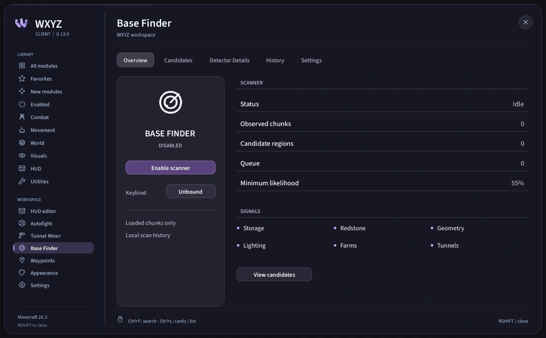 WXYZ Client Base Finder interface render