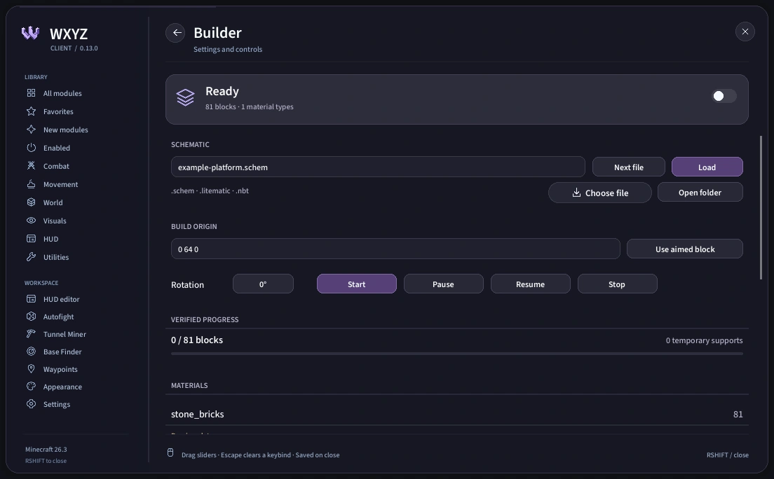 WXYZ Client Builder interface render