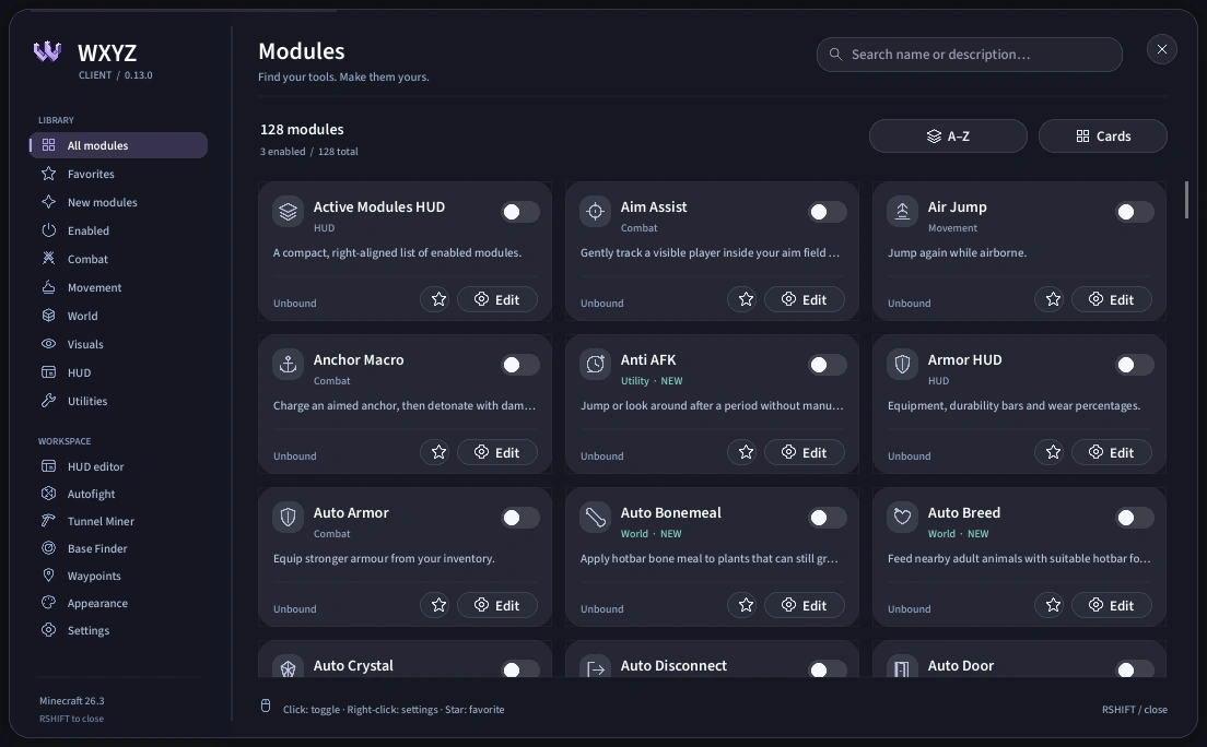 WXYZ Client Modules interface render